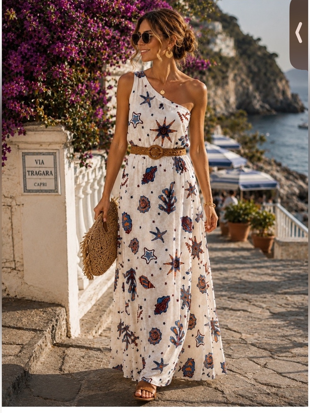 🍾NWT C&C California One-Shoulder White Maxi Dress w/Nautical Shell Print, Size L - Picture 2 of 8